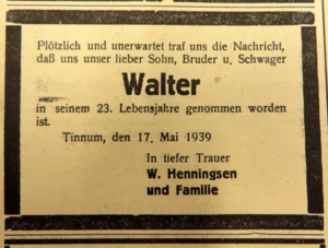 Todesanzeige von Walter Henningsen (1939)